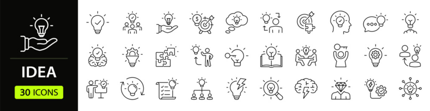Idea Web Icon Set in Linear Style. Collection of creative idea, line icons, including creativity, thinking, light bulb, innovation, solution, inspiration, business, thinking and more. Editable stroke