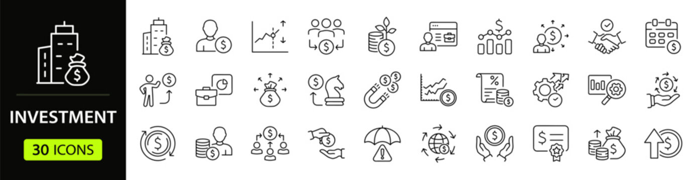 Investment Web Icon Set in Linear Style. Collection of finance and money, line icons, including profit, investor, portfolio, asset, management, financial gain, interest and stock. Editable stroke