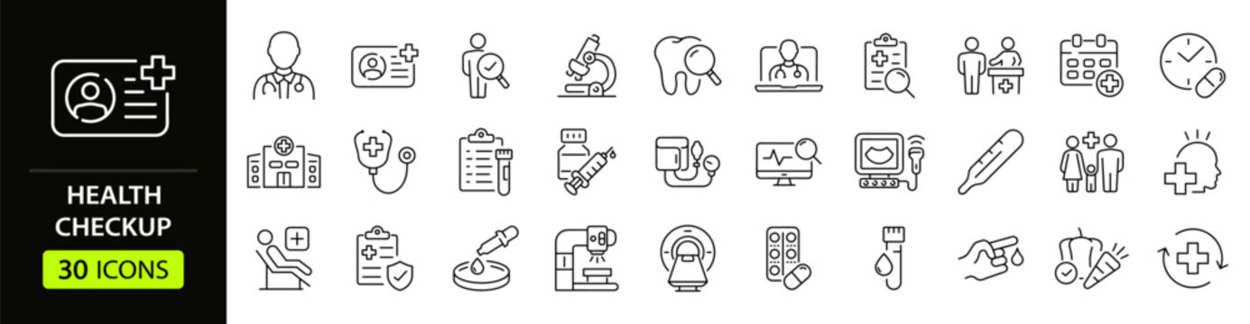 Health checkup Web Icon Set in Linear Style. Collection of medical check up, line icons, including healthcare, diagnosis, hospital, stethoscope, tests, health insurance, patient. Editable stroke