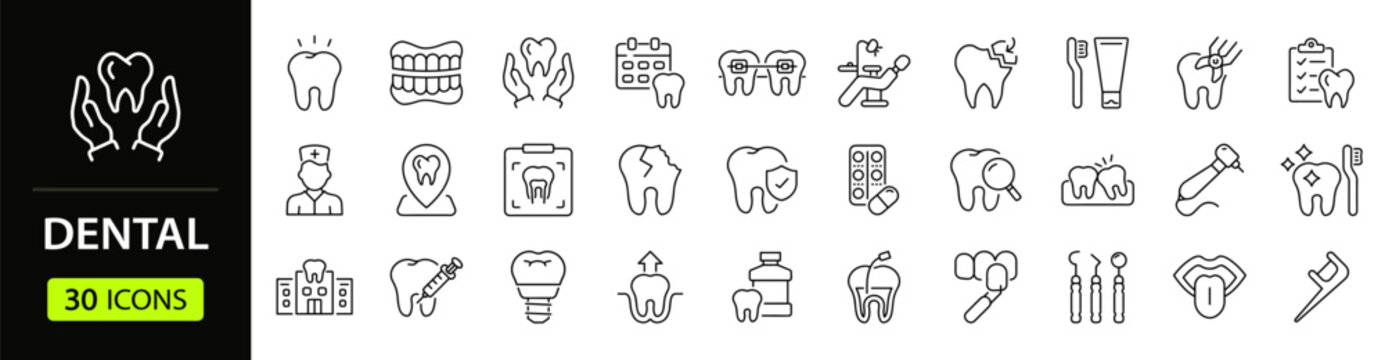 Dental Web Icon Set in Linear Style. Collection of dentistry, line icons, including tooth, implant, dentist, stomatology, smile, caries, braces, toothbrush, toothpaste and more. Editable stroke