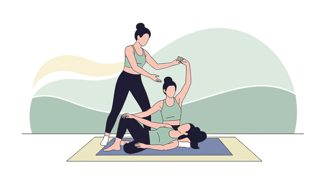 Yoga Instructor Assisting Student in Reclined Twist Pose on Mat