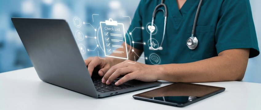Healthcare professional engaging in patient data management hospital setting digital interaction clinical environment close-up viewpoint technology integration