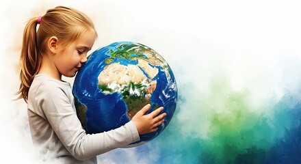 Fototapeta premium Protecting our planet a young girl embraces the earth on earth day