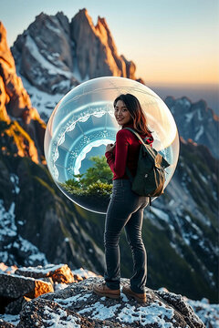 Woman Hiker with Futuristic Biodome in Snowy Mountains