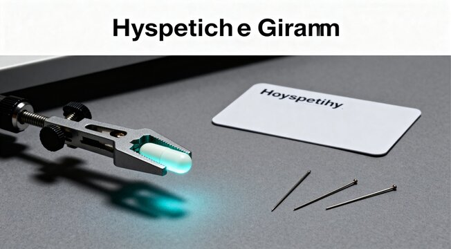 Innovation Test Bench. A clamp holds a glowing capsule beside blank hypothesis cards and probe pins on a lab style slab