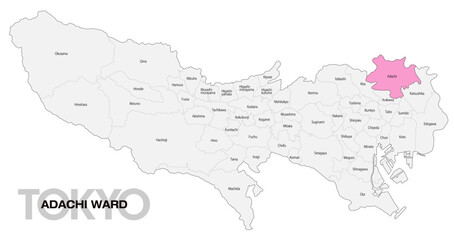 Fototapeta premium [日本地図] 東京都足立区の市区町村名入り位置地図 (英語)