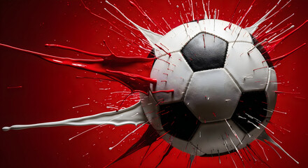 Soccer ball splashing water and red liquid on red background with football splashing abstract