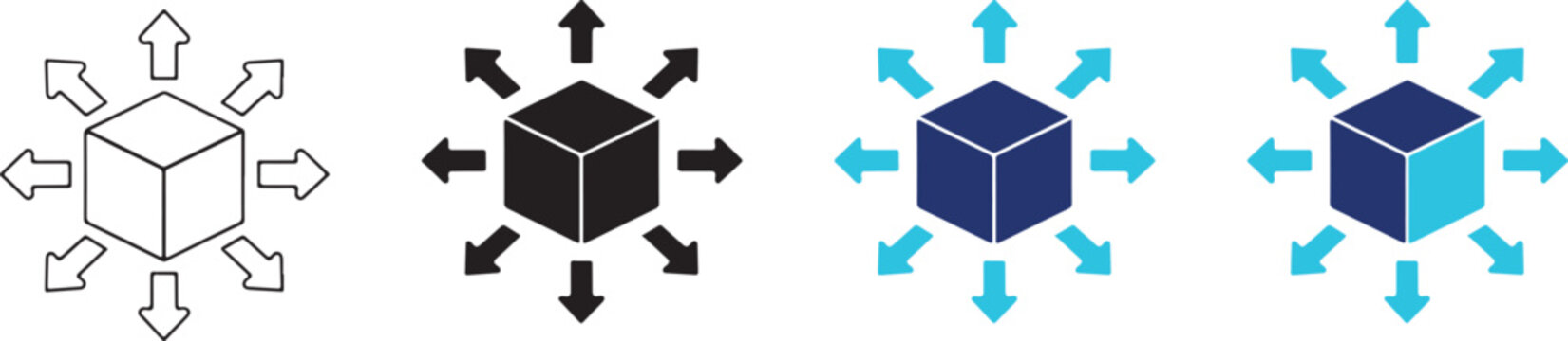 Product distribution icon for logistics and supply flow. shipping, warehouse management, fulfillment and scalable product distribution for business and ecommerce use. Cube with arrows for delivery,