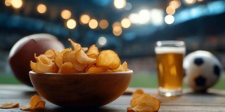 Enjoying game day snacks with chips and beer in a lively sports atmosphere, perfect for gatherings and celebrations.