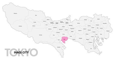 Fototapeta premium [日本地図] 東京都稲城市の市区町村名入り位置地図 (英語)