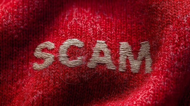 Extreme close-up of red fabric with the word 'SCAM' embroidered, highlighting themes of fraud and deception.