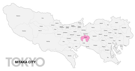 Fototapeta premium [日本地図] 東京都三鷹市の市区町村名入り位置地図 (英語)