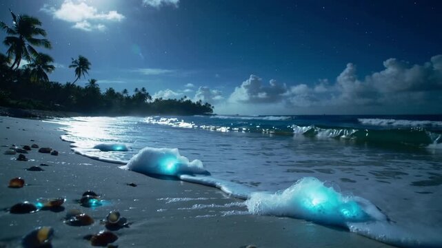 Incoming tide cresting, ocean foam enclosing 3 glowing masses, travel clip showing moonlit wet sand