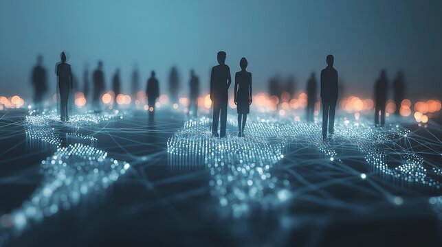 Futuristic digital world with abstract human figures connected through glowing networks, symbolizing global unity.