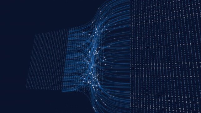 Neural network architecture streamlines a binary data matrix into a glowing flow for high-speed quantum computing simulations.