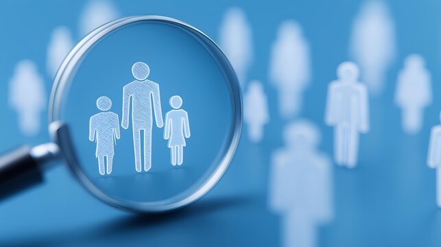 Magnifying glass focused on a group of abstract human figures, symbolizing teamwork and collaboration in a corporate setting.