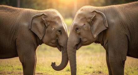 Obraz premium Two elephants standing in a grassy field, facing each other with their trunks intertwined.