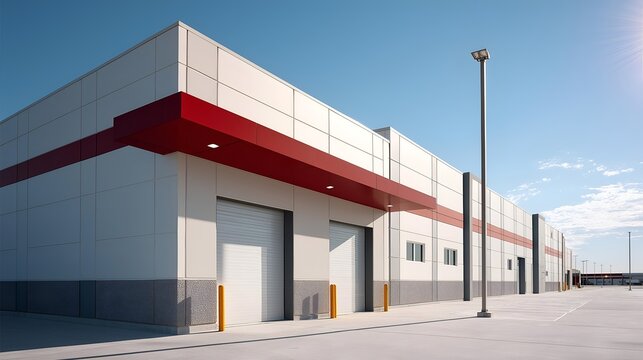 Modern industrial building with a sleek design and clear blue sky, perfect for business or real estate imagery.