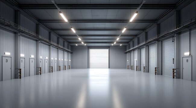 Modern industrial warehouse interior with open space, high ceilings, and minimalistic design. Perfect for business needs.