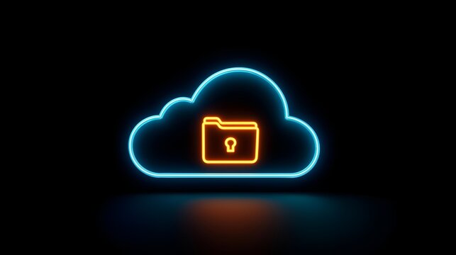 Neon cloud icon with a locked folder inside, symbolizing secure online storage and data protection.