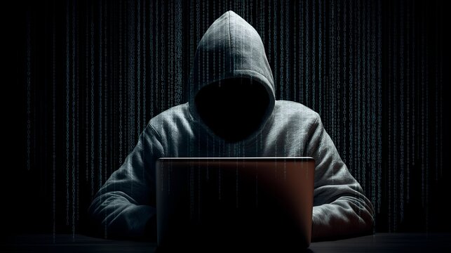 Mysterious figure in a hoodie hacking on a laptop amidst digital code background.