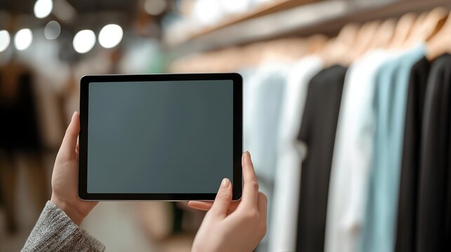 Person using a tablet in a clothing store, ready to shop for the latest fashion trends and styles.