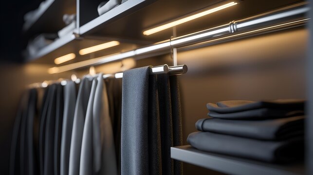 Stylish closet showcasing neatly organized clothing in various shades, illuminated by modern lighting.