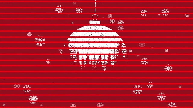 Snowflakes falling over hanging bauble decoration against striped red background