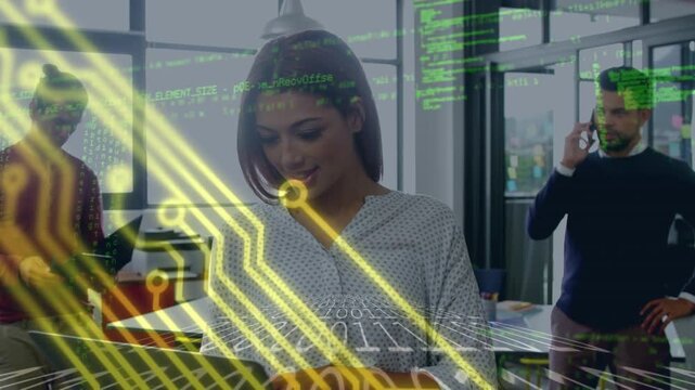 Animation of computer circuit board and data processing over diverse business people in office