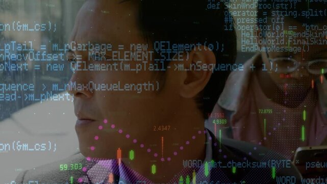 Animation of data processing over asian businessman in bus