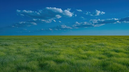 Obraz premium Green grass field under blue sky with white clouds on sunny day