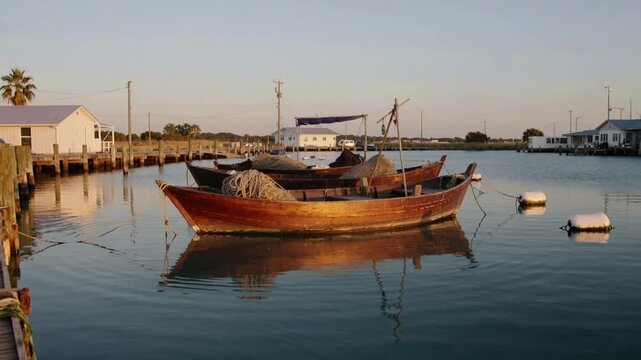 Panning camera revealing skiff bobbing in harbor, capturing sun on hull with coiled rope and nets