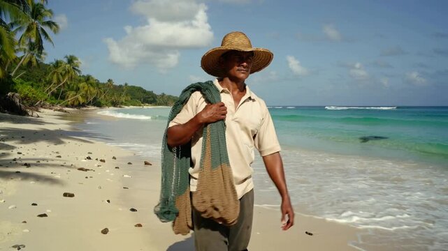 Walking fisherman wearing straw hat, rolled pants leaving water, carrying large net to fish, palms