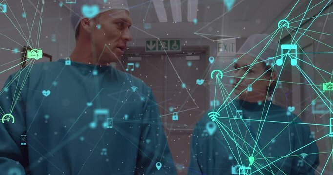 Animation of network of connections with icons over diverse business people using vr headset