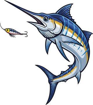 Marlin fish vector illustration set with fishing lure jumping swordfish isolated on white background