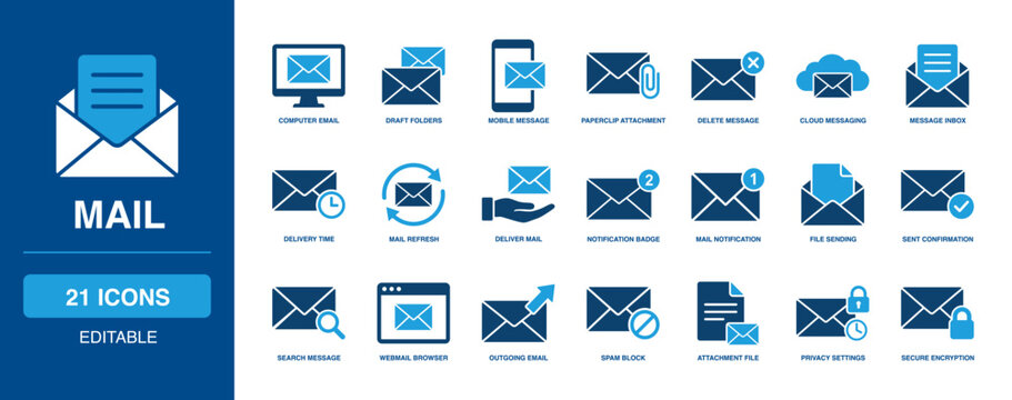 Mail solid vector glyph icon set including computer email, mobile message, paperclip attachment, message inbox, notification badge, file sending, and secure encryption icons.