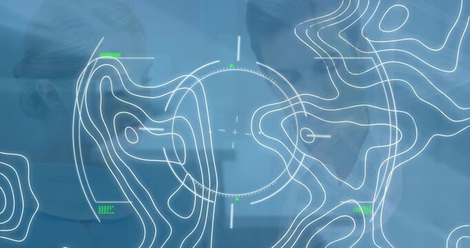 Animation of digital interface and lines over caucasian couple