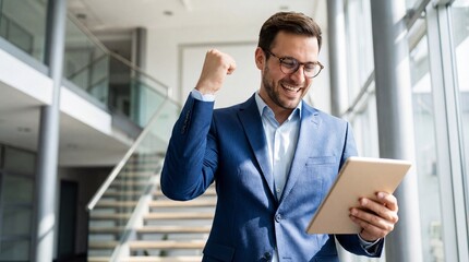 Fototapeta premium Happy businessman celebrating success while holding tablet in modern office environment showing achievement and motivation 