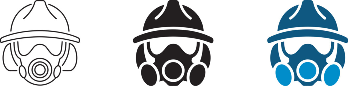 Gas mask and hardhat icon, safety and protection symbol, worker hazard and risk sign, industrial guard concept, PPE face mask helmet illustration