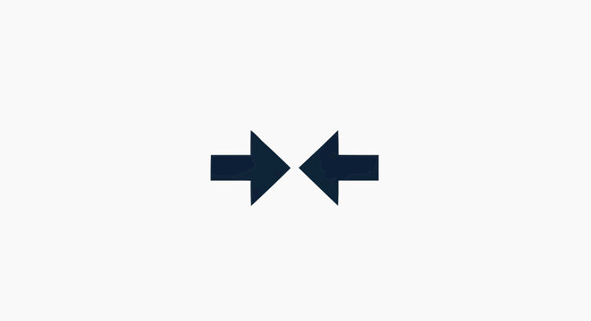 Minimalist black arrows pointing inward, flat vector icon of two horizontal arrows meeting, symmetrical directional symbol for web design