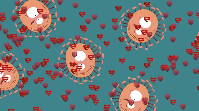 Animation of covid 19 cells and heart icons over blue background