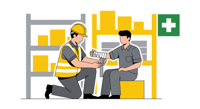 First Aid Worker Applies Bandage to Injured Worker's Arm in Warehouse