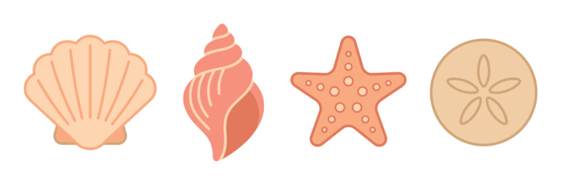 Colorful, flat vector collection of sea creatures: scallop, conch, starfish, sand dollar. Ideal for holiday promotions, children's books, or casual branding.