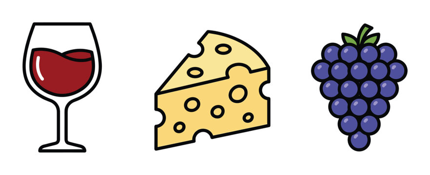 Vector illustration of a wine glass, cheese slice, and grapes. Perfect for food, drink, restaurant menus, and pairing concepts.