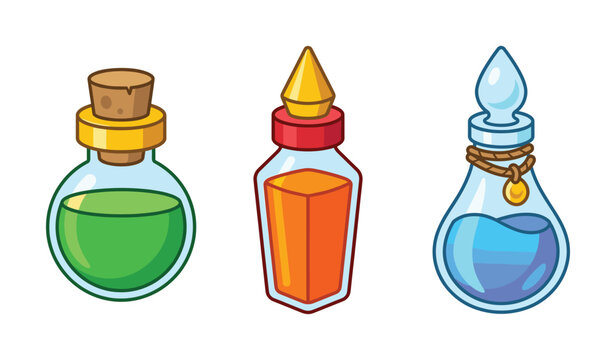 A set of colorful magic potion bottles for fantasy games. This vector elixir illustration includes health, mana, and power-up icons for RPG or alchemist concepts.