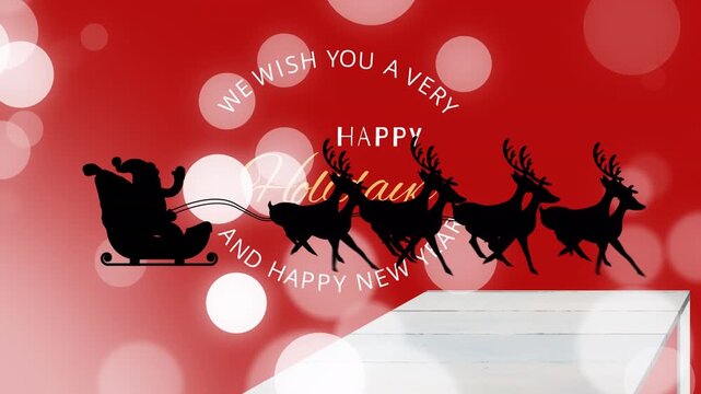 Animation of christmas greetings text and santa claus in sleigh with reindeer on red background