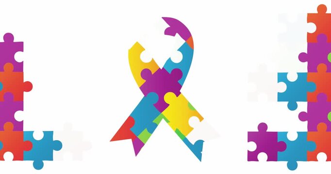 Animation of ribbon with puzzle pieces on white background