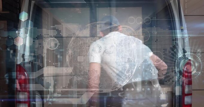 Animation of data processing over caucasian male delivery man unloading boxes from his delivery van