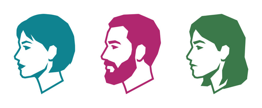 Set of three colorful human profiles in a modern minimalist vector style. Diverse male and female heads for avatars, icons, or team and community representation.