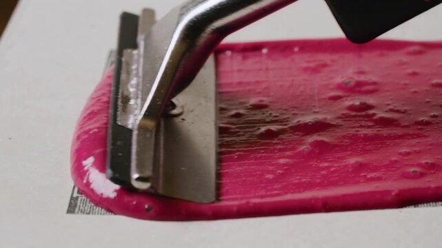 Contacting droplets, metal squeegee blade pulling across textured strip, creating even pink swath